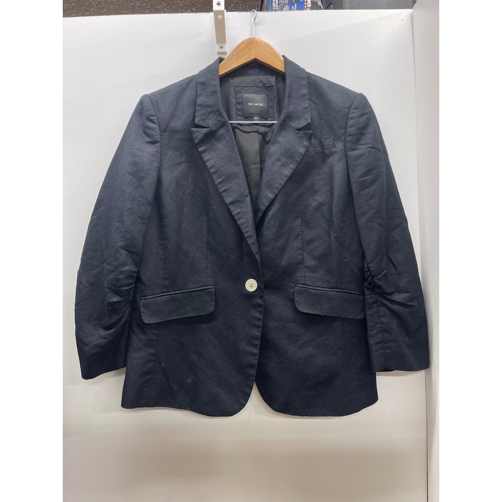 The Limited Womens Black Linen Cotton Blend Ruched Sleeve One Button Blazer L